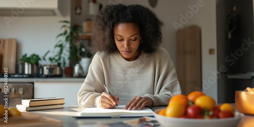 A woman in her kitchen is writing a grocery list on a notepad to help her manage her finances