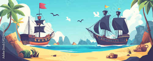 Vector scene of pirate ships on tropical beach with palm trees and seagulls.