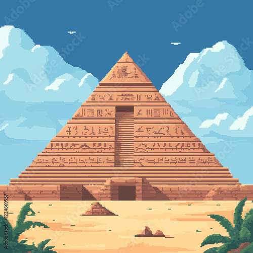 Pixel art vector of ancient egyptian pyramid under blue sky.