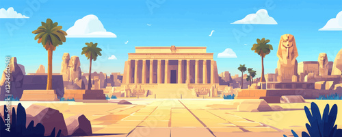 Ancient egyptian temple vector art with sphinxes and palm trees.