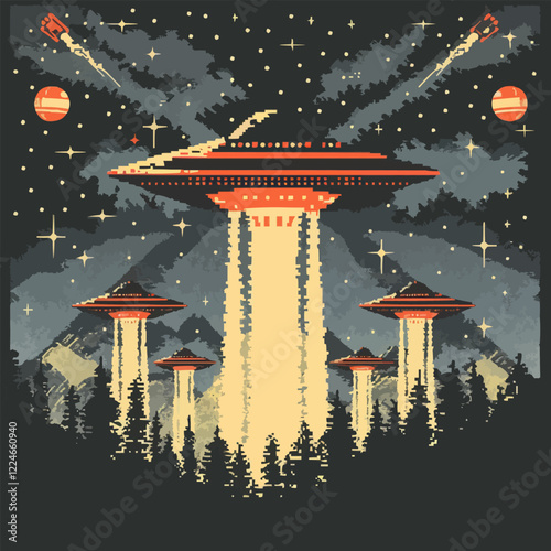 Vector alien invasion: spaceships and cosmic landscape in night sky.