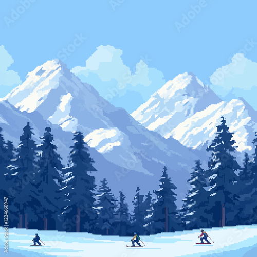 Vector scene of skiers in winter mountain landscape.