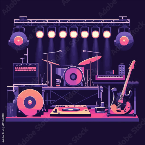 Vector music stage setup with instruments and lighting.