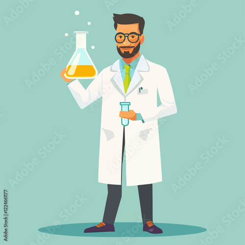 Vector scientist character holding laboratory flask illustration.