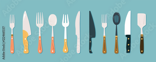 Vector kitchen utensils set with diverse cutlery and cooking tools.