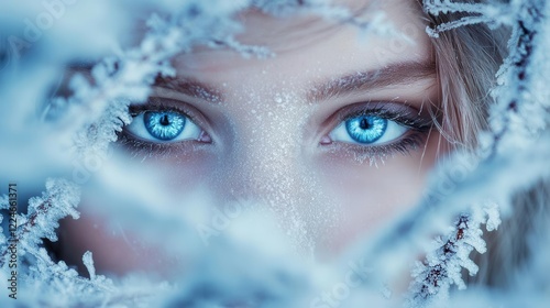 ice queen with crystalline blue eyes peers through frozen branches her skin shimming with frost patterns in ethereal winter setting photo