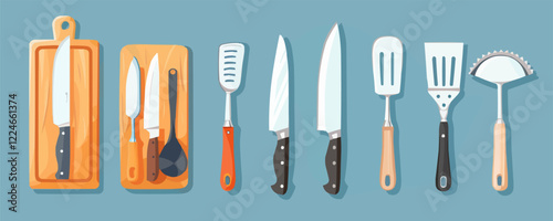 Vector kitchen utensils set featuring knives, spatulas, and pizza cutter.