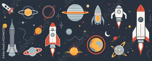 Space exploration vector: rockets, planets, and astronomical elements in a cosmic theme.