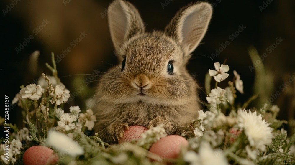 Fototapeta premium Easter Bunny Nestled Amongst Spring Blossoms and Eggs (2)