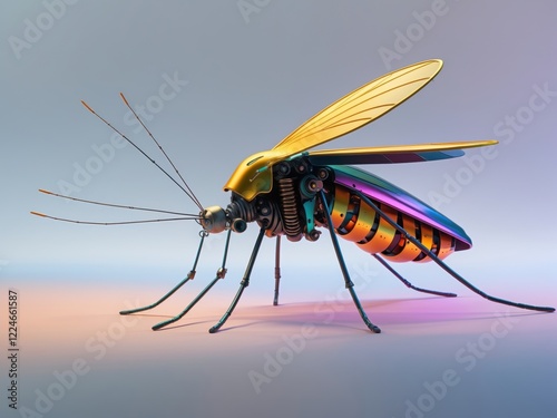 A vibrant, stylized depiction of a mosquito featuring colorful wings and intricate details, set against a soft gradient background. photo