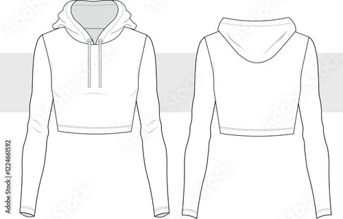 Women fitted cropped hoodie technical fashion illustration drawing. Long Sleeve Hoodie Pullover T-shirt vector template illustration. front and back view. CAD, mockup set.