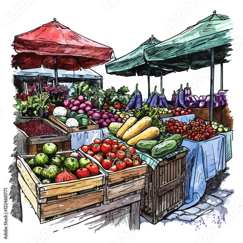 Colorful farmer's market vector with fresh produce.