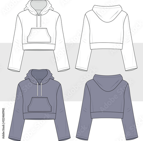 women's long flared sleeve crop hoodie top with kangaroo pocket flat sketch vector illustration technical cad drawing template, mockup.
