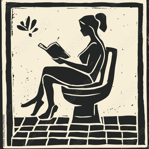 Simple Block Print of An Adult Reading on High Commode