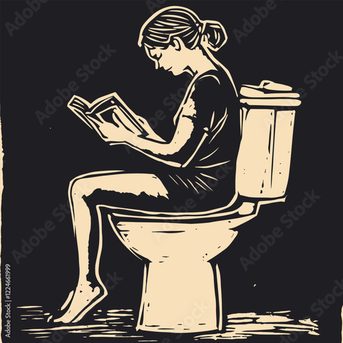 Simple Block Print of An Adult Reading on High Commode