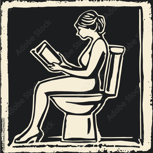 Simple Block Print of An Adult Reading on High Commode