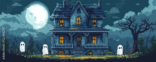 Spooky haunted house vector artwork with ghosts and full moon.