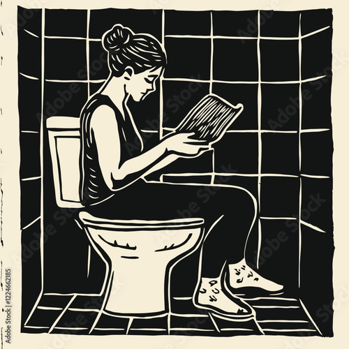 Simple Block Print of An Adult Reading on High Commode