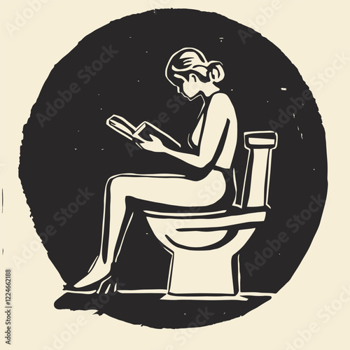 Simple Block Print of An Adult Reading on High Commode