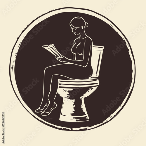 Simple Block Print of An Adult Reading on High Commode