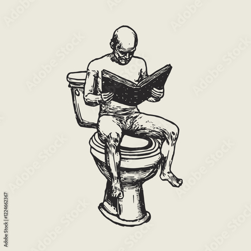 Simple Block Print of An Adult Reading on High Commode