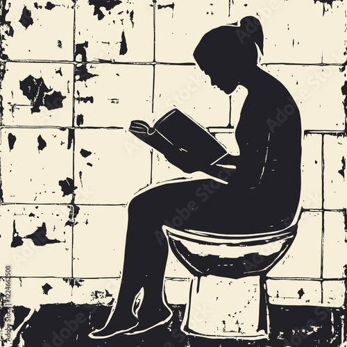 Simple Block Print of An Adult Reading on High Commode