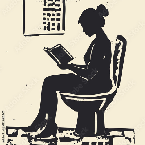 Simple Block Print of An Adult Reading on High Commode