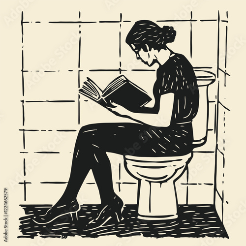Simple Block Print of An Adult Reading on High Commode