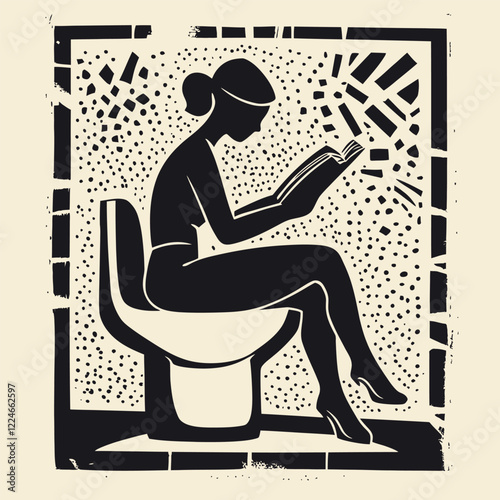 Simple Block Print of An Adult Reading on High Commode