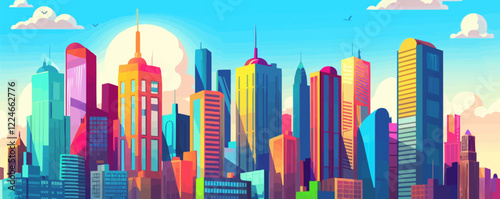 Vibrant urban vector skyline with colorful skyscrapers and clouds.