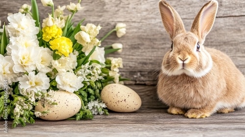Easter Bunny with Spring Flowers and Eggs
