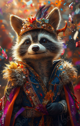 A cute animal dressed in a carnival costume, vibrant and playful colors, detailed outfit with festive accessories, joyful expression, high detail fur texture, whimsical background with confetti and st