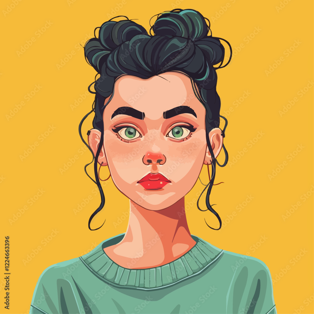 Vibrant vector portrait of a young woman with green sweater and topknot hairstyle.