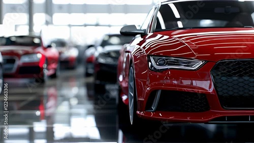 Sleek red sports car in a modern showroom: dynamic views with ambient reflections and lighting. Slow motion video