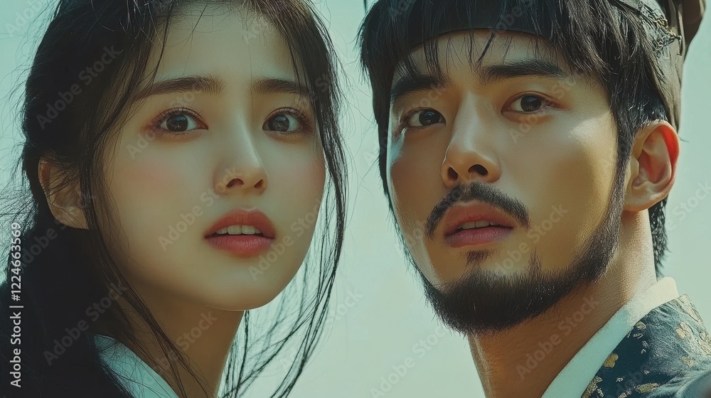 Obraz premium Dramatic Korean Period Drama Scene at Dusk with Intricate Details