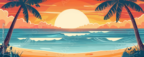 Vector beach sunset scene with palm trees and ocean waves.