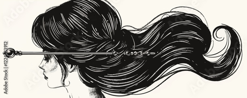Elegant vector art of woman with flowing hair.