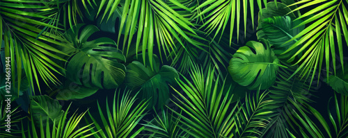 Tropical leaves vector: vibrant green palm and monstera foliage.