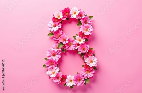 International Women's Day. Banner, flyer, beautiful postcard for March 8. Flowers in the shape of the number 8 on a pink background 