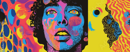 Psychedelic pop art vector portrait with vibrant colors.