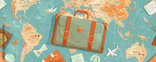 Vintage travel suitcase on world map vector background.