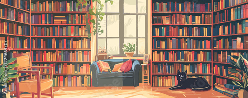 Cozy library vector with armchair, bookshelves, and cat.