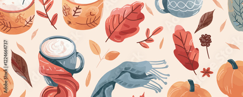Cozy autumn vector: warm drinks, leaves, and seasonal elements.