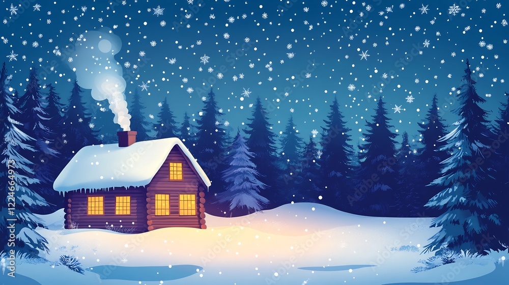 Cozy cabin glows warmly under falling snow night. AI Generated