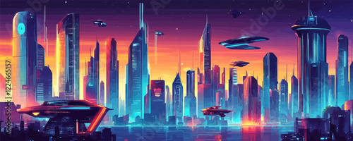 Futuristic cityscape vector at sunset with flying cars.