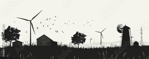 Vector landscape with wind turbines and rural silhouette.