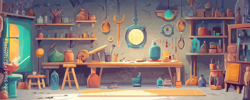 Cozy workshop interior vector with vintage tools and decor.