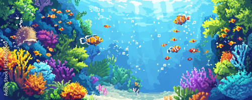 Vibrant underwater scene in pixel art vector with coral reefs and fish.