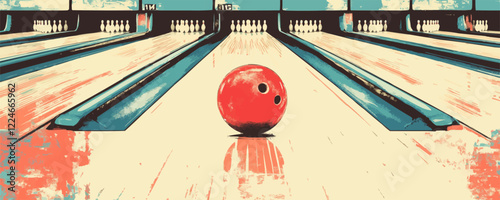 Retro bowling vector art with centered red bowling ball.