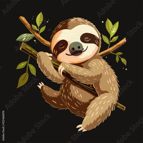 Adorable sloth vector illustration: relaxed creature in nature.